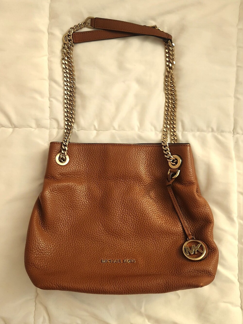MICHAEL KORS Brown Pebbled Leather Shoulder Bag with Gold Chain